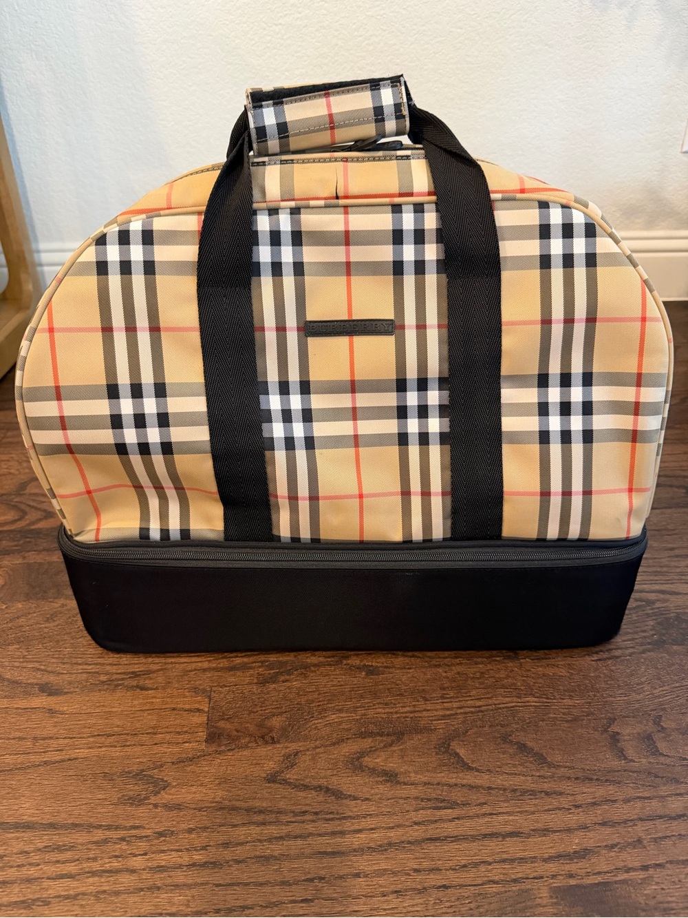Burberry Beige Plaid Duffel with Black Base and Straps